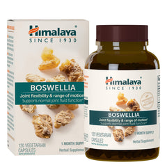 Himalaya Boswellia bottle front shows 250 mg extracts for joint support.