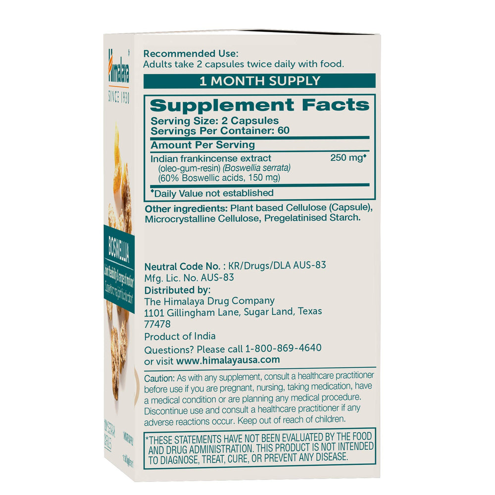 Himalaya Boswellia capsules close-up highlights standardized oleo-gum-resin extract.
