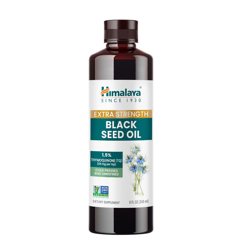 Himalaya Extra Strength Black Seed Oil bottle view, highlighting premium cold-pressed quality for daily wellness.