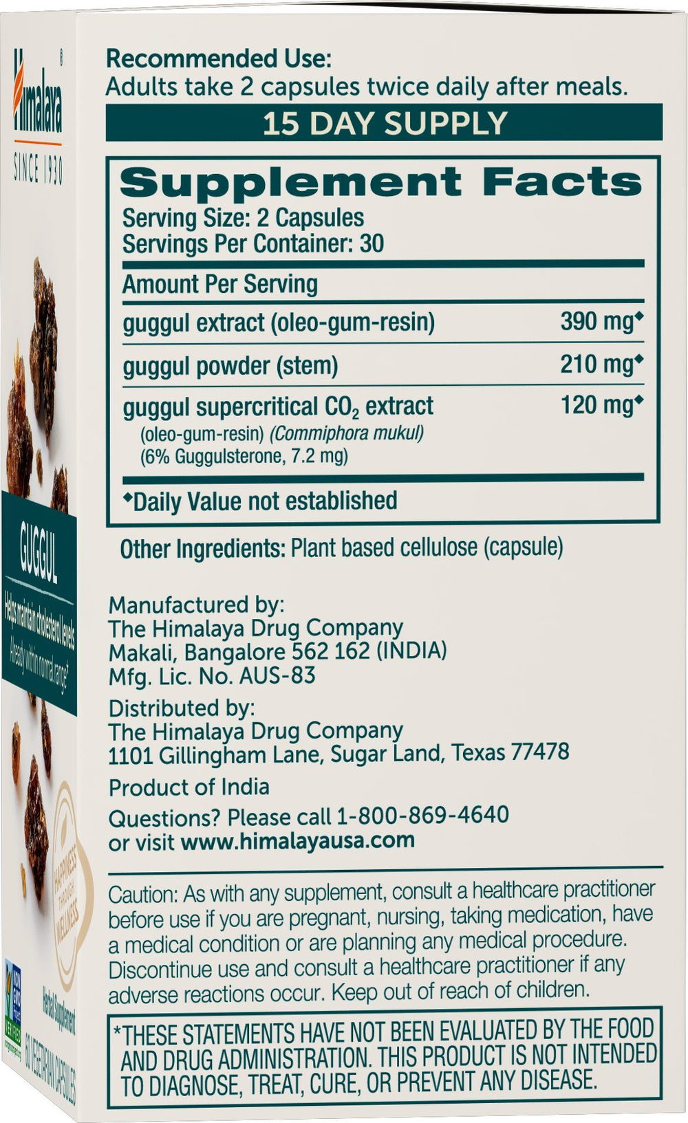 Himalaya Guggul bottle back view with usage notes for cholesterol support
