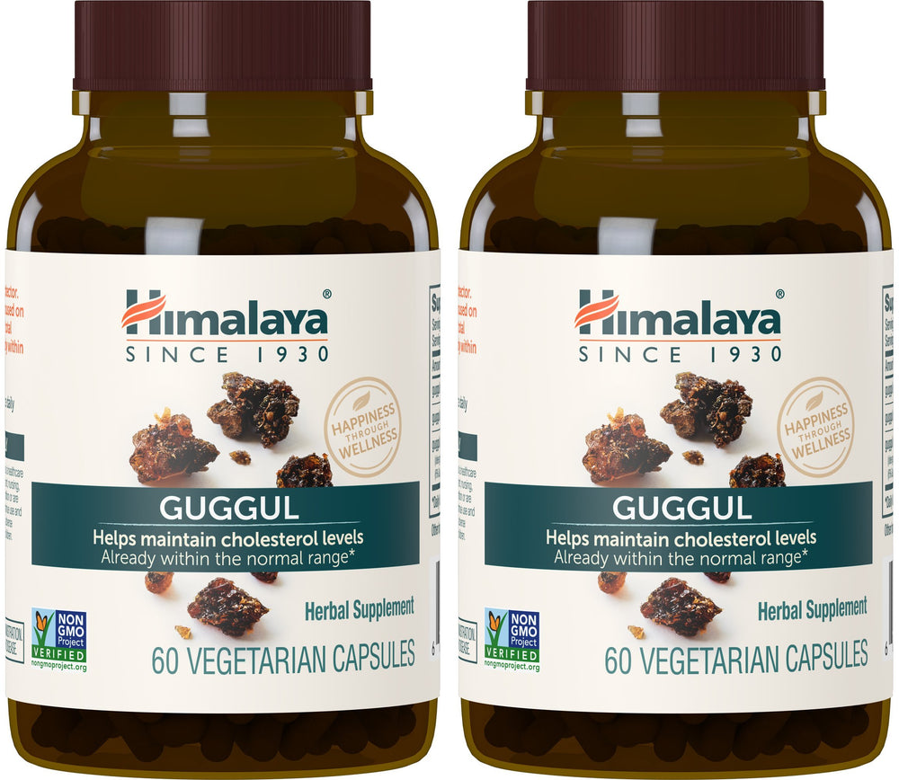 Himalaya Guggul bottle front view showing vegan format for clean supplementation