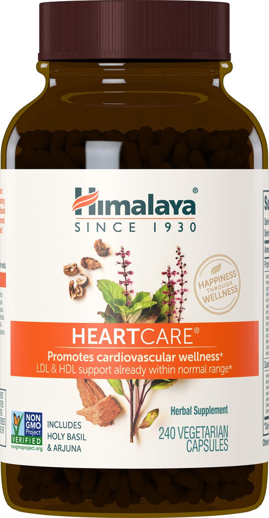 Himalaya HeartCare bottle front showing vegan cardiovascular wellness formula.