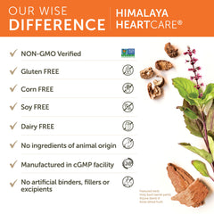 Himalaya HeartCare packaging box featuring sustainable branding and quality credentials.