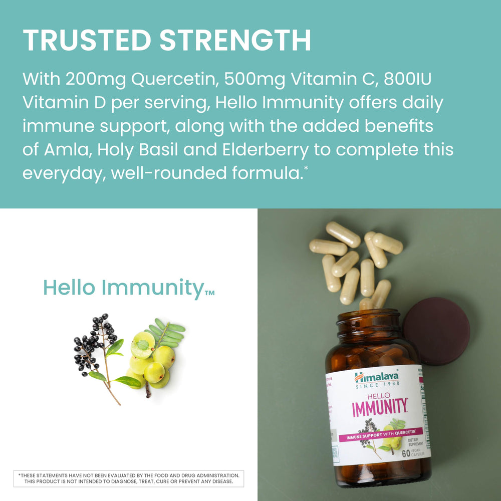 Himalaya Hello Immunity nutrition panel close-up with 500 mg Quercetin per caplet.
