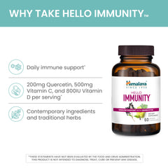 Himalaya Hello Immunity box packaging highlights vegan, non-GMO, gluten-free standards.