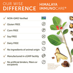 Himalaya ImmunoCare packaging highlights vegan, non-GMO, gluten-free attributes.
