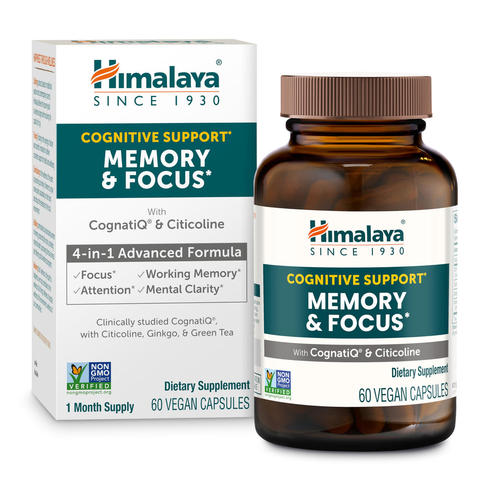 Himalaya Memory & Focus capsules close-up showing brain-boosting ingredients for daily focus.