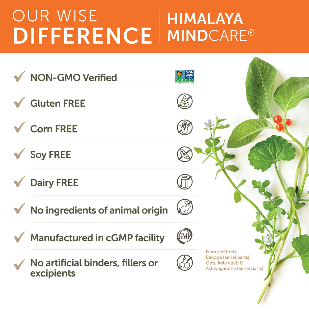 Himalaya MindCare bottle displaying vegan seal and clean formula symbol