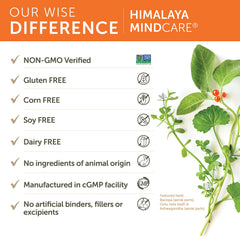 Himalaya MindCare bottle displaying vegan seal and clean formula symbol
