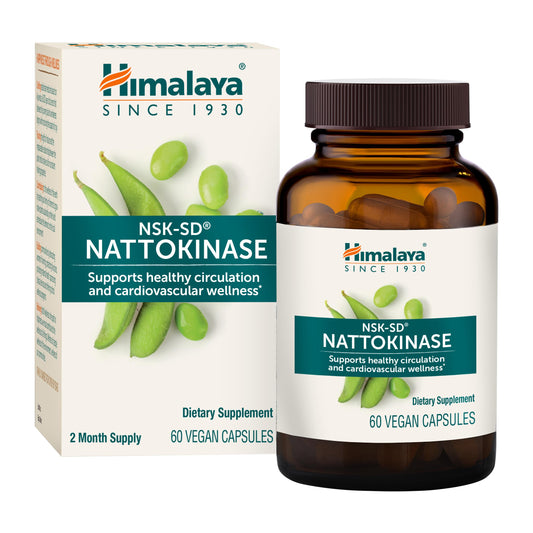 Himalaya NSK-SD nattokinase bottle front with vegan capsules for daily circulation support.