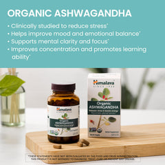 Himalaya Organic Ashwagandha bottle shows USDA Organic seal.