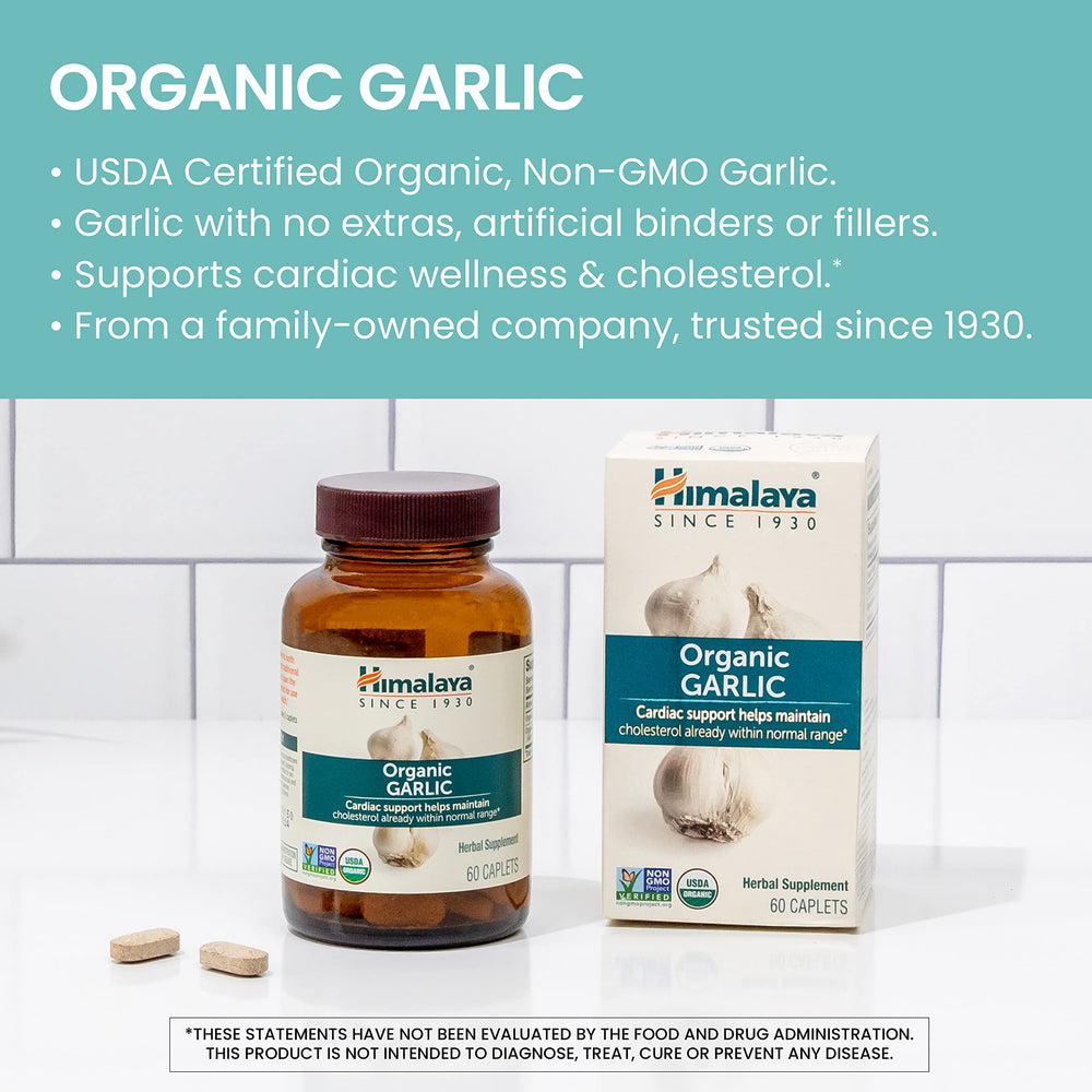 Packaging for Himalaya Organic Garlic highlighting allergen-free and plant-based formula