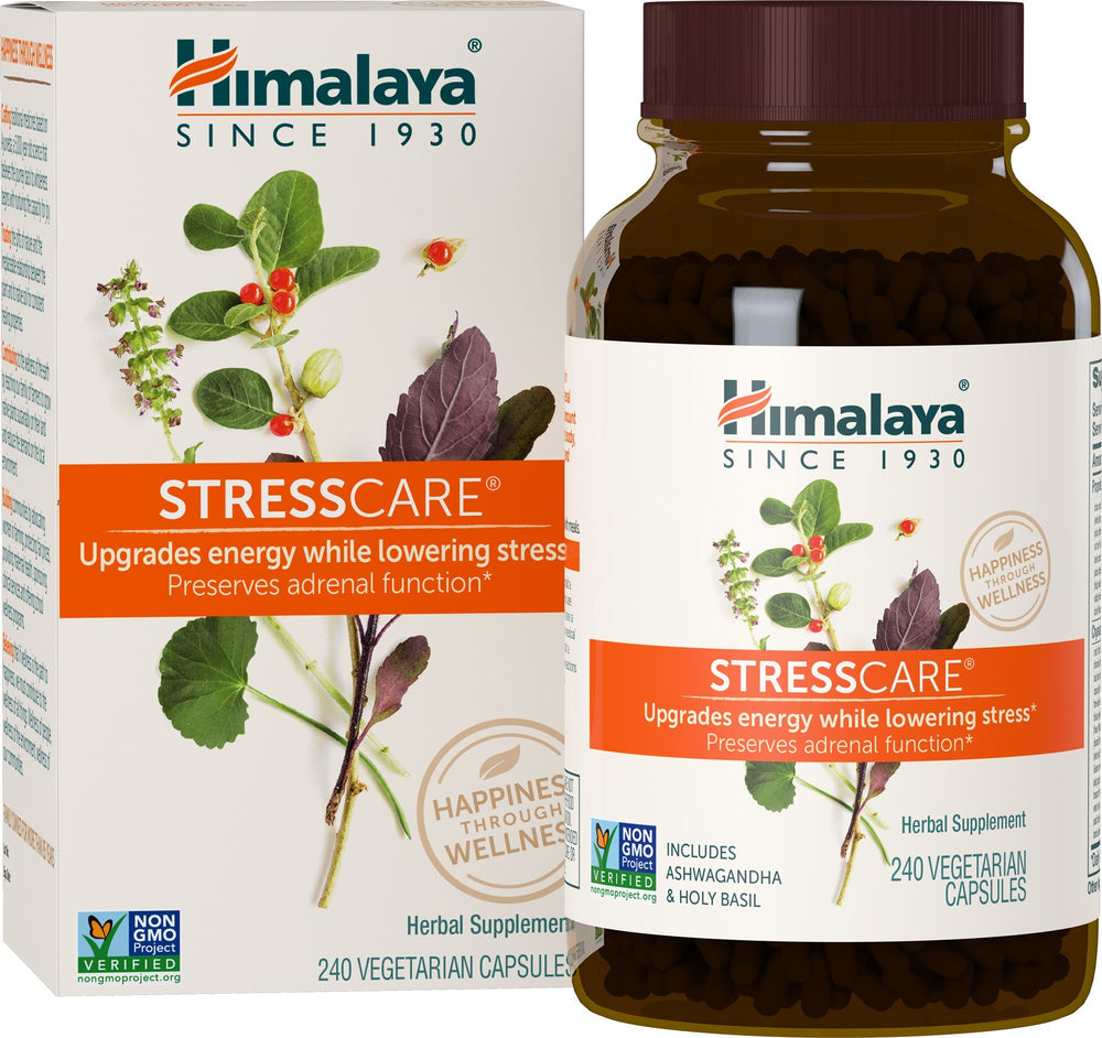 Himalaya StressCare capsules bottle close-up highlighting daily stress support potential.