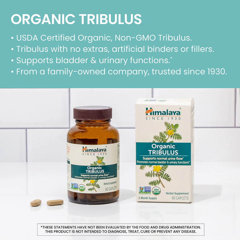 Himalaya Tribulus Terrestris label detail emphasizing organic, gluten-free formulation.