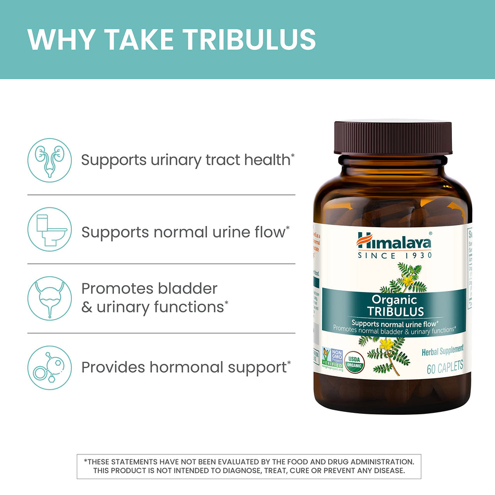 Himalaya Tribulus Terrestris organic-certification badge on packaging.