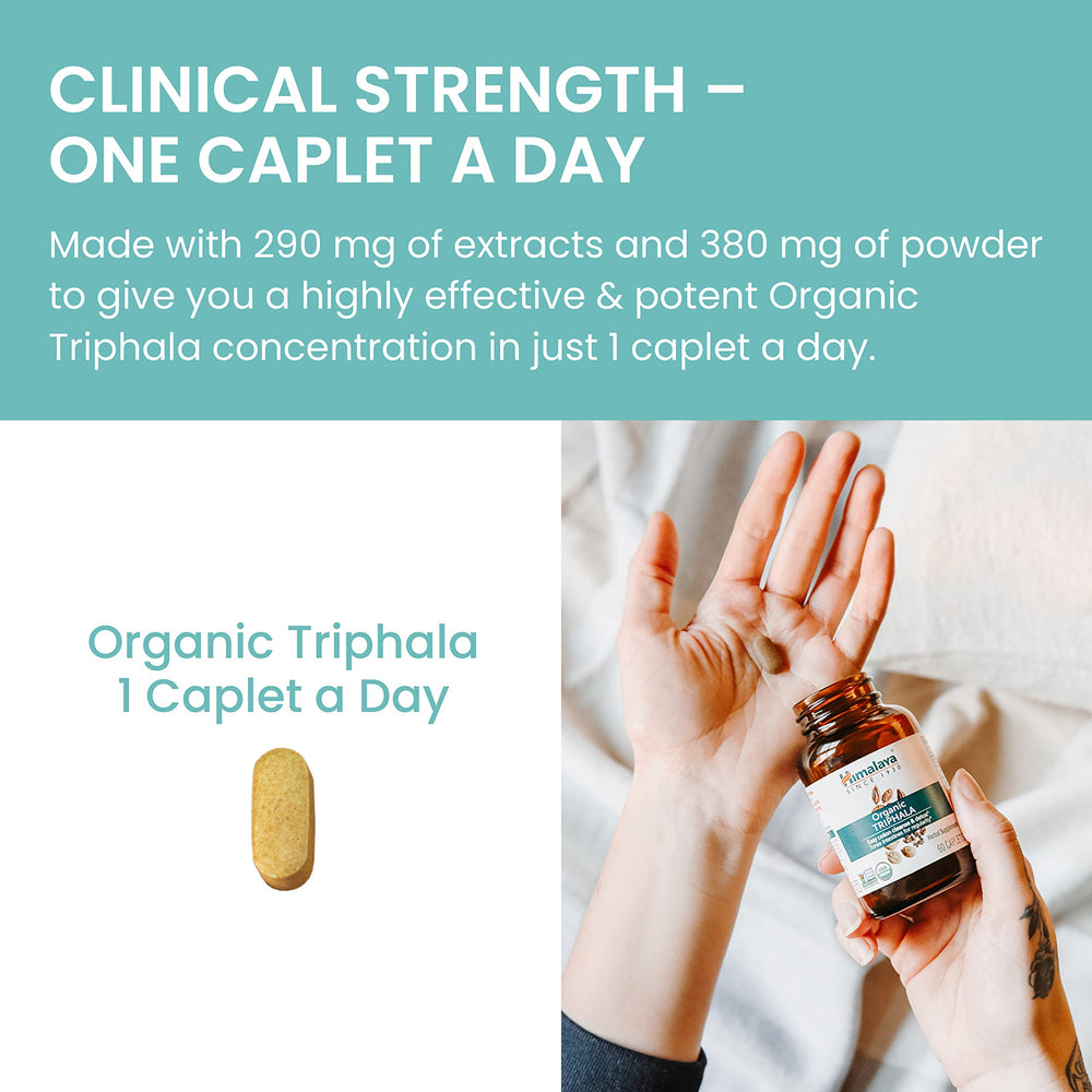 Himalaya Triphala vegan non-GMO seal communicates plant-based, allergen-friendly choice.