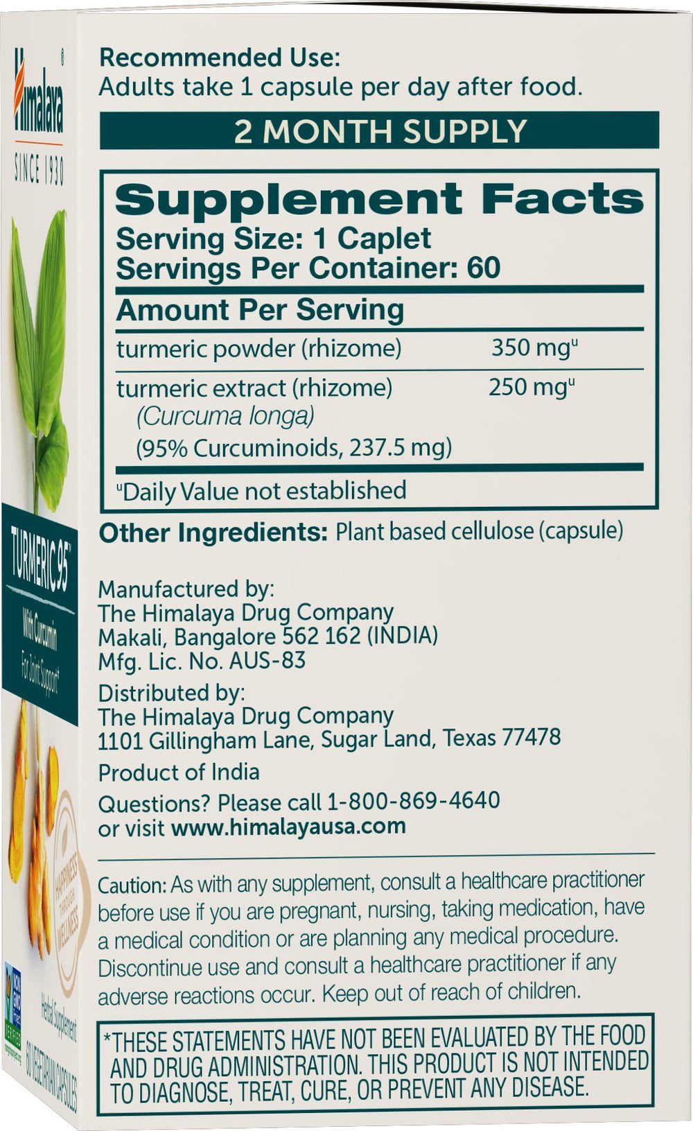 Himalaya Turmeric 95 label-detail with vegan and gluten-free features.