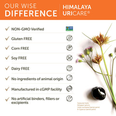 Product certifications on UriCare packaging, including gluten-free and Non-GMO badges.