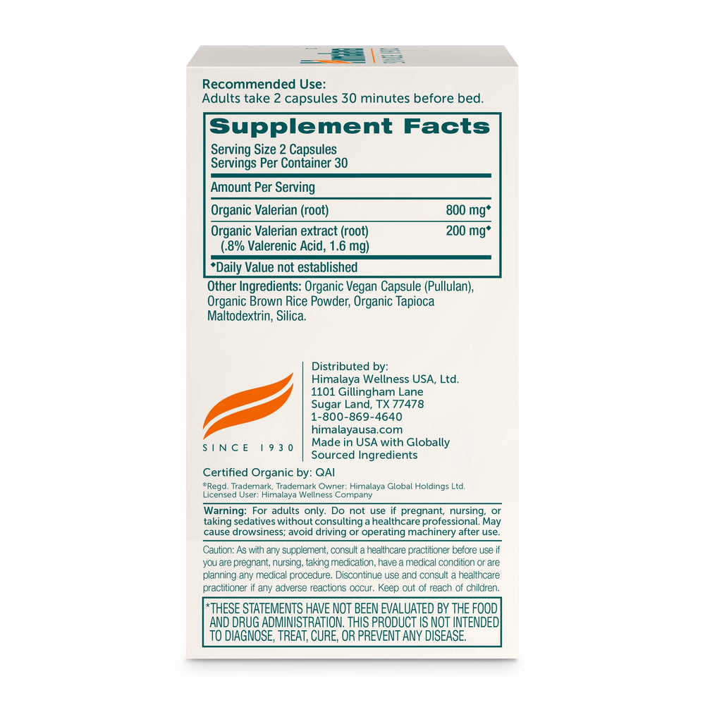 Himalaya Valerian Root capsules close-up showing vegan, 1000 mg per serving.