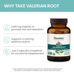 Himalaya Valerian Root product label highlighting organic certification.