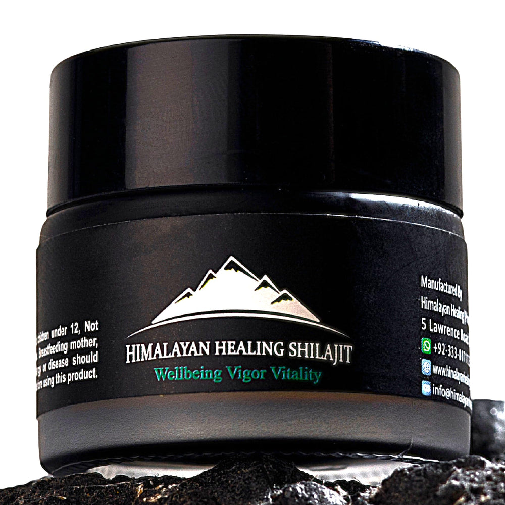 Himalayan Shilajit resin bottle showing mineral-rich formula for focus and energy.