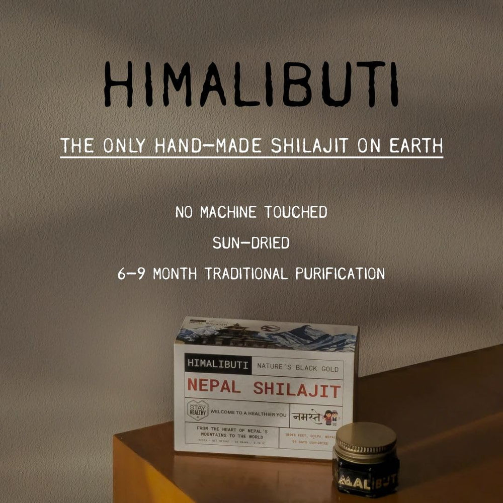 HIMALI BUTI Shilajit bottle on wooden surface signaling premium Himalayan origin.