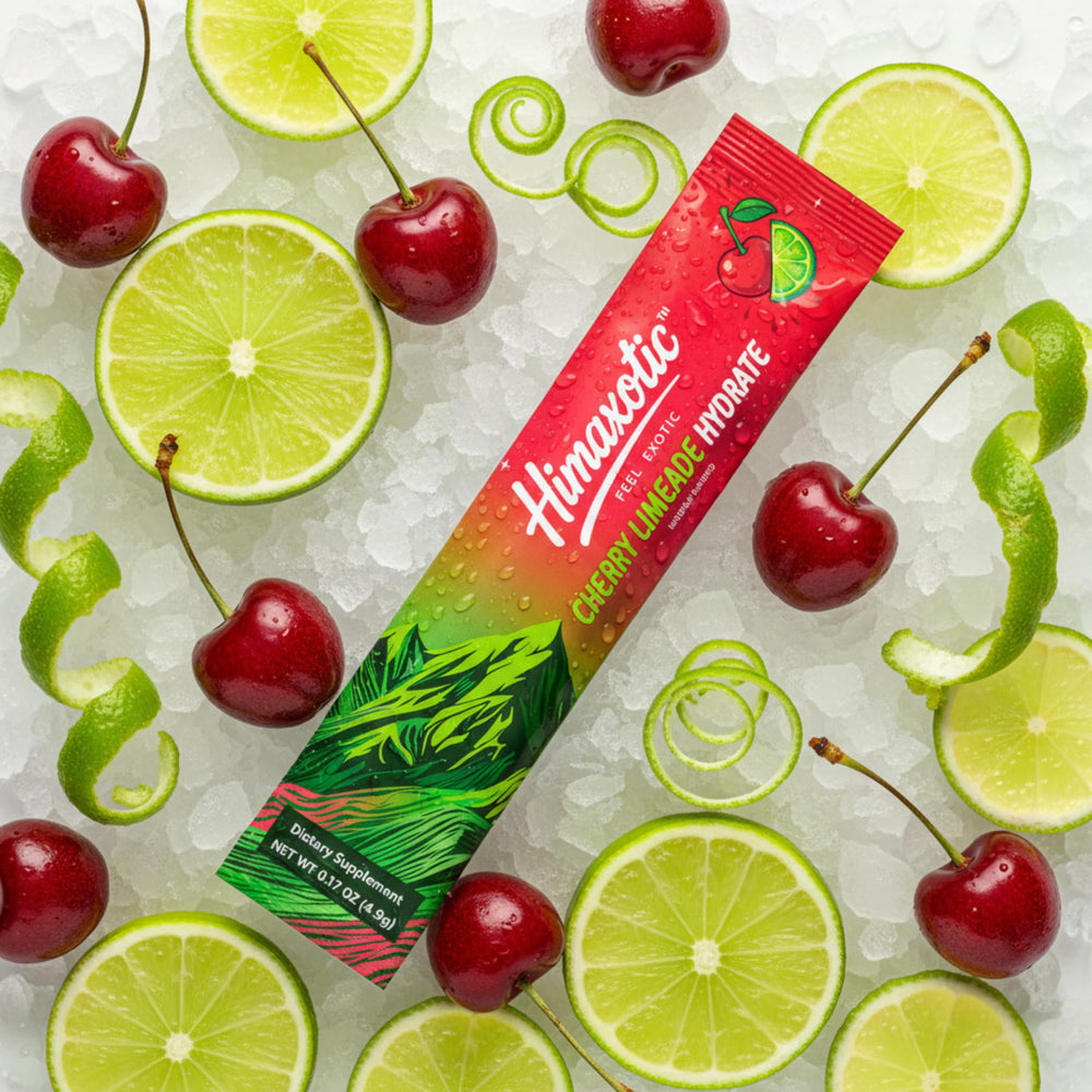 Himaxotic Cherry Limeade Hydrate label highlights electrolytes and Himalayan salt