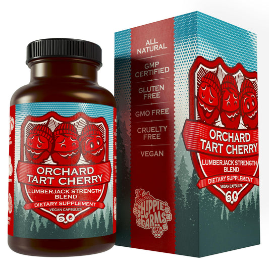 Hippie Farms Tart Cherry Capsules USA bottle supports recovery potential.