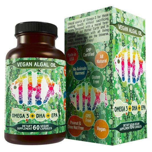 Hippie Farms vegan omega-3 bottle showing sustainable algae sourcing for daily use.