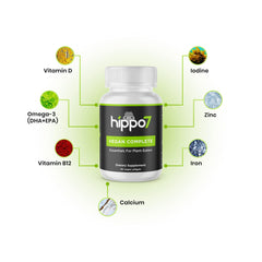 Hippo7 ingredient scene shows vegan sources supporting a plant-based lifestyle.