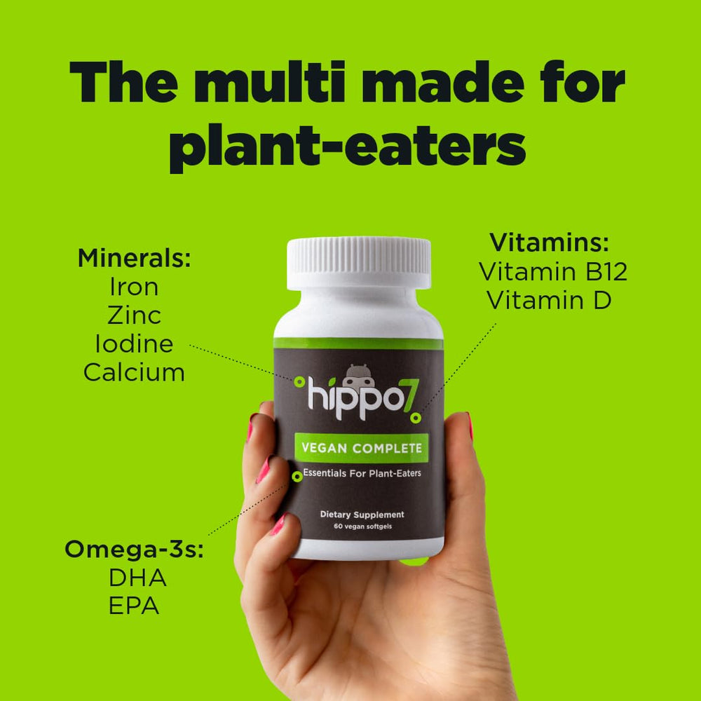 Hippo7 vegan complete softgels close-up, easy-to-swallow capsules for daily plant-based support.