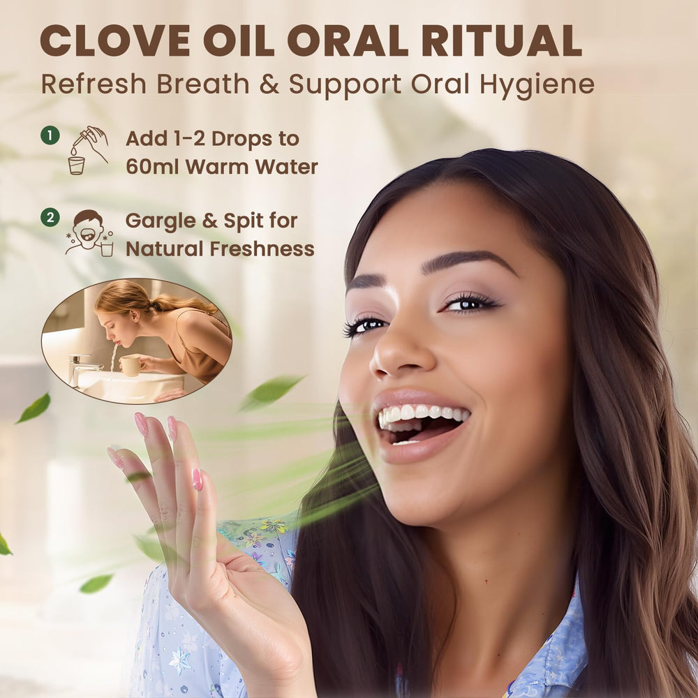HIQILI clove essential oil packaging shows a 500ml bottle and dropper.
