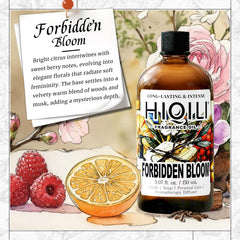 Close-up of the Forbidden Bloom label on HIQILI fragrance oil.