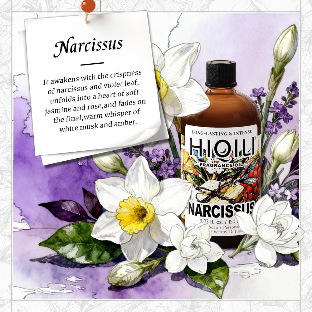 HIQILI Narcissus Fragrance Oil diffuser drops create a serene, blooming room atmosphere.