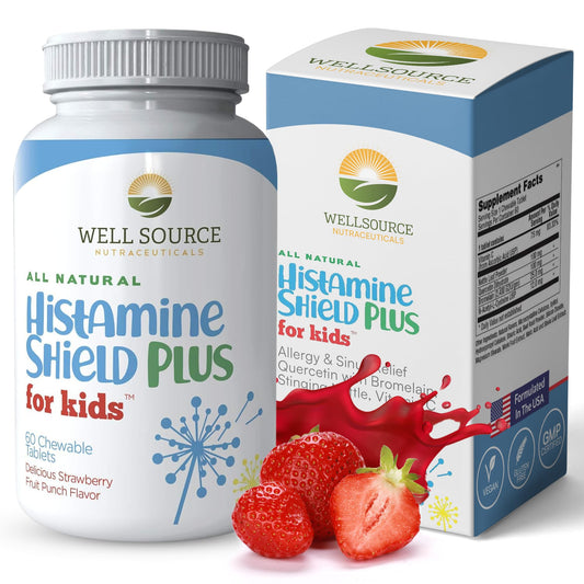 Histamine Shield Plus Kids strawberry bottle showing kid-friendly chewables for daily use.