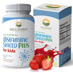 Histamine Shield Plus Kids strawberry bottle showing kid-friendly chewables for daily use.