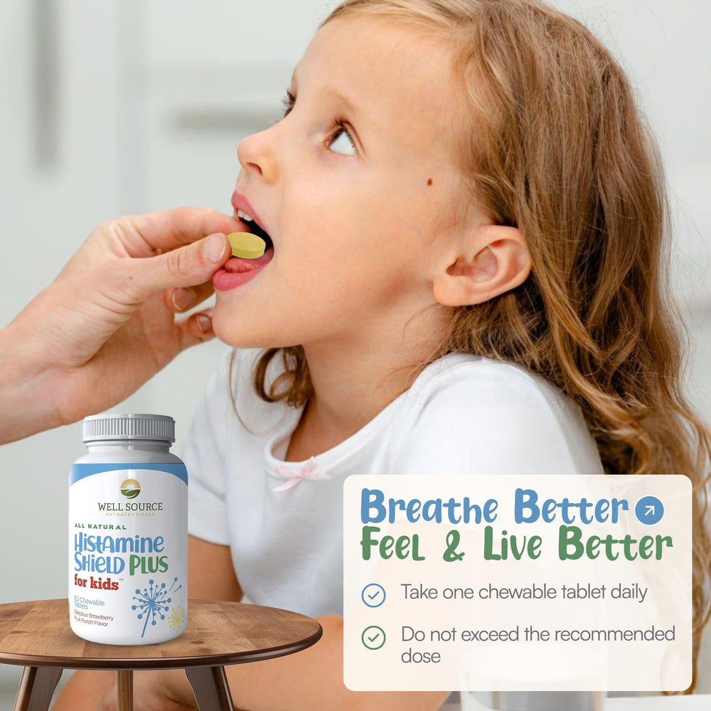 Histamine Shield Plus Kids strawberry packaging emphasizing clean ingredients.