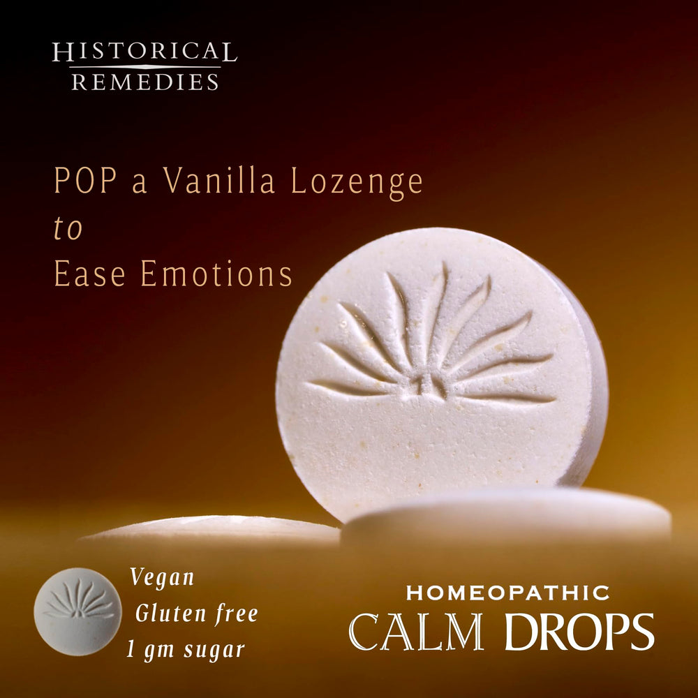 Historical Remedies Calm Drops lozenges in vanilla flavor shown for soothing moments.