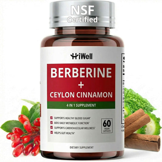 HiWell Berberine bottle on table supports daily metabolic wellness.
