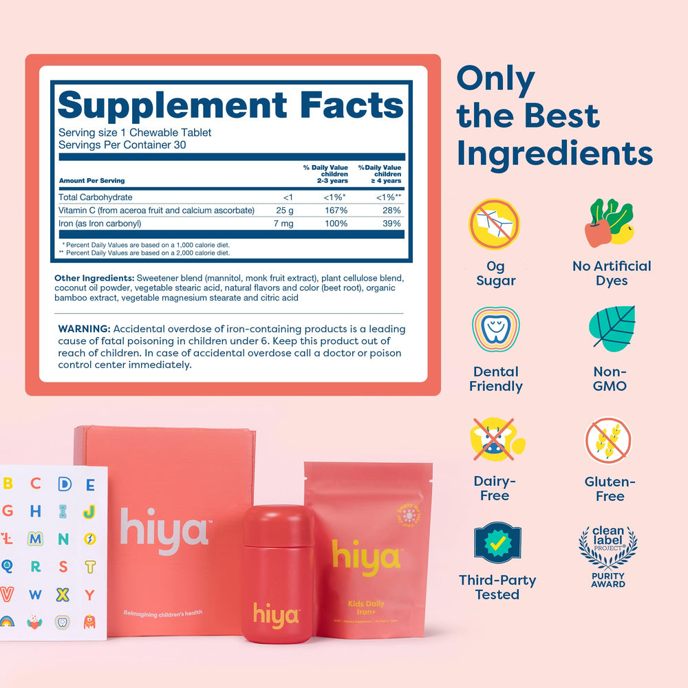 No added sugar badge on HIYA Iron+ packaging