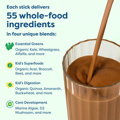 HIYA Kids Greens Powder Chocolate mixed with milk for kid-friendly flavor without sugar
