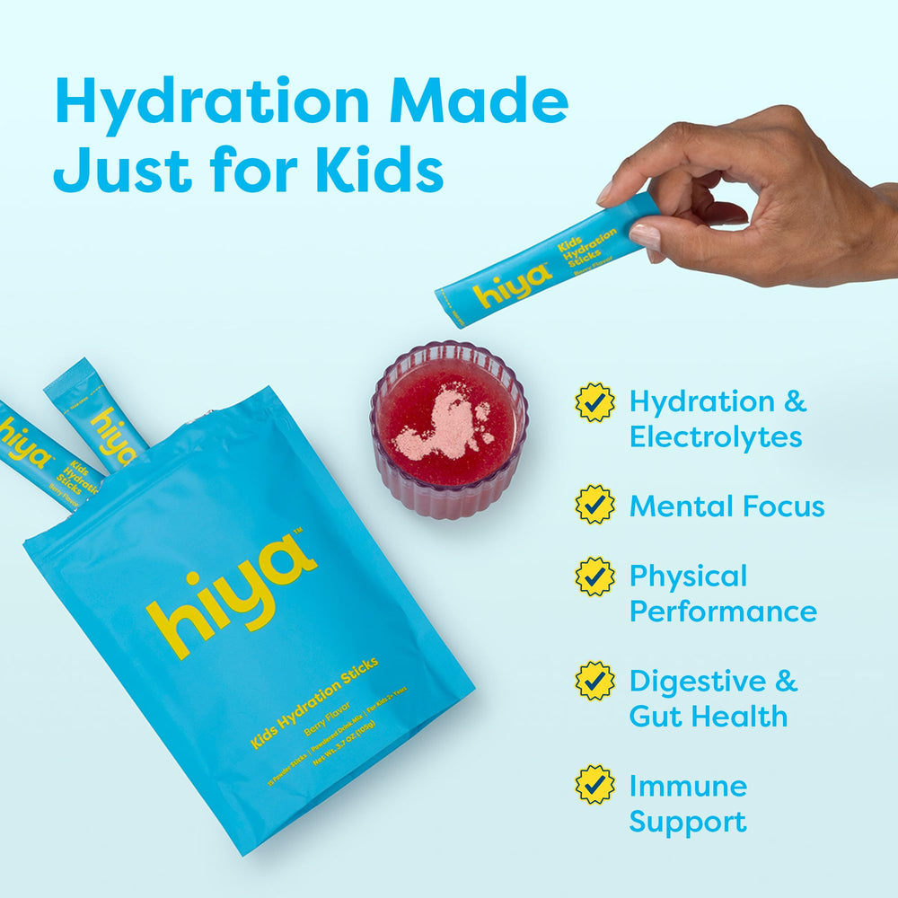 Hiya electrolytes stick pack ready to tear and mix with water.