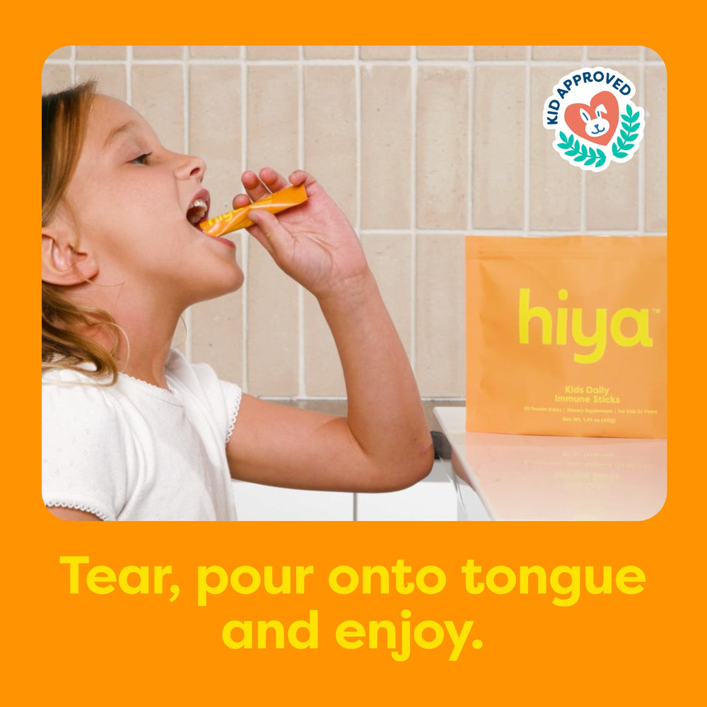 Hiya Kids Immune Support orange flavor image highlights kid friendly taste without sugar