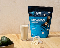 HLTH CODE Complete Meal Replacement Shake lifestyle image suggesting morning energy for workouts.