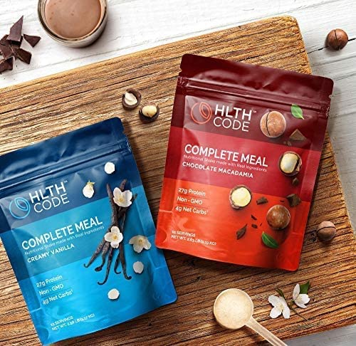 HLTH CODE Complete Meal Replacement Shake packaging display highlights 15 servings.