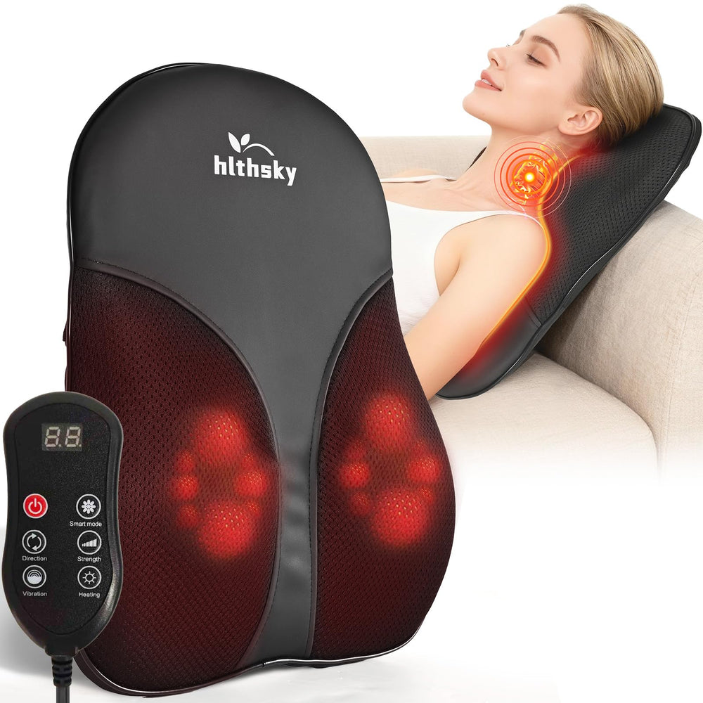 HLTHSKY back massager with heat showing 3D kneading nodes on a chair