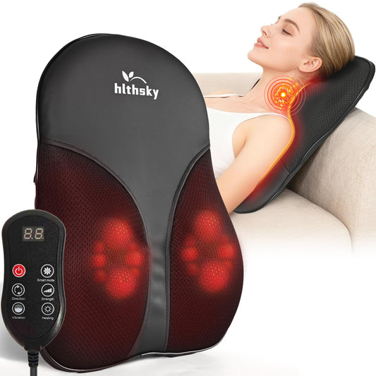 HLTHSKY back massager with heat showing 3D kneading nodes on a chair