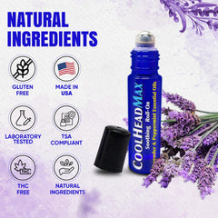 Close-up of CoolHead Max bottle highlighting natural ingredients and peppermint aroma