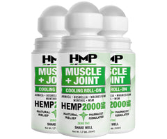 HMP Brands Freeze Pump Muscle and Joint roll-on bottle showing 2000mg hemp extract for quick absorption