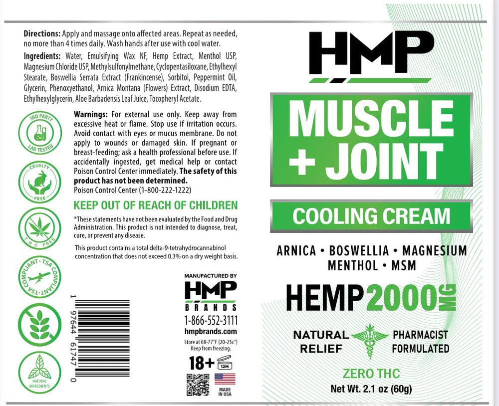 HMP BRANDS Hemp Cream ingredients include Aloe Vera, Vitamin E and Arnica for soothing feel.